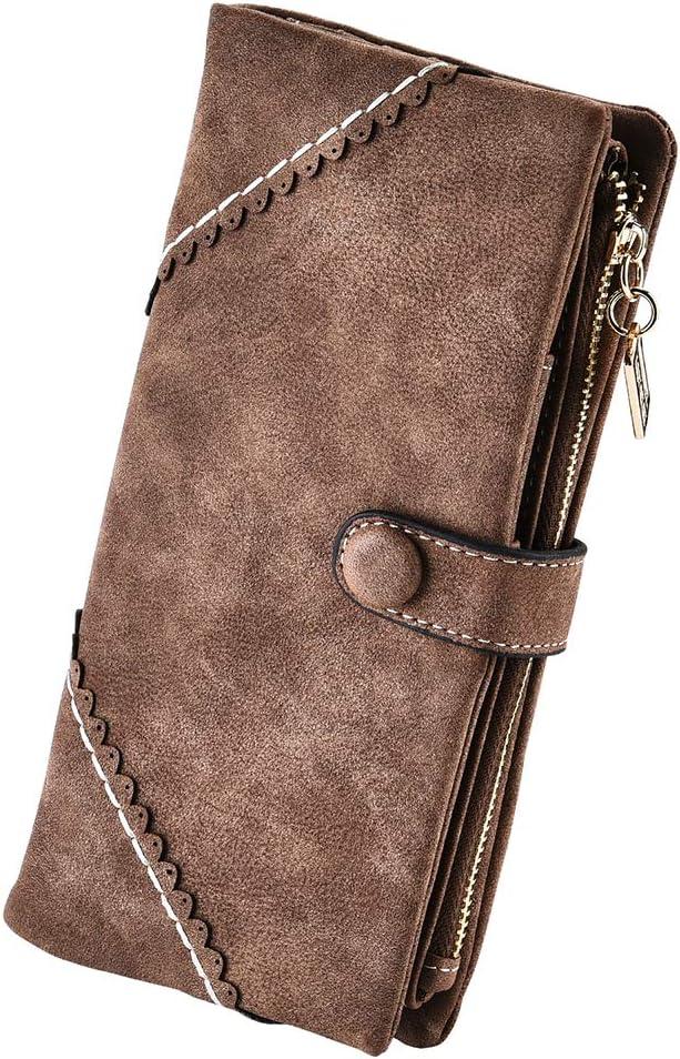 Women Vegan Leather Wallet Bifold Clutch Large Capacity Card Organizer Buckle Long Purse for Girls Candy Color (Coffee)