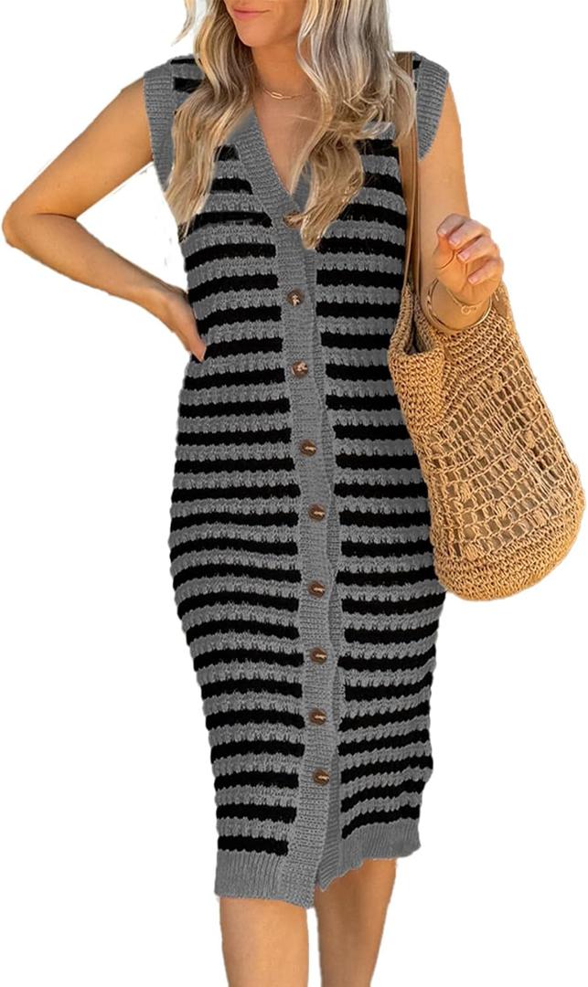 BLENCOT Women's V Neck Striped Summer Tank Dress Causal Sleeveless Button Cardigan Midi Cover Up Dresses (Medium, Gray)