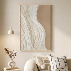Framed Neutral Abstract Canvas Wall Art, Modern Wabi Sabi Vertical Painting Prints, Large Minimalist Beige and White Ocean Wave Artwork Decor for Living Room Bedroom Hallway 24x36 Inch