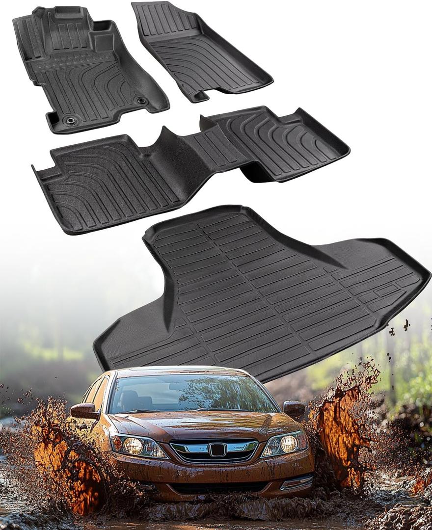 DiffCar for Honda Accord Floor Mats 2008 2009 2010 2011 2012 (Gas Only), All-Weather TPE Car Accessories for 8th Accord Sedan (Not Fit Coupe), Interior Rubber Car Floor Mat & Trunk Liner, Black Rugs