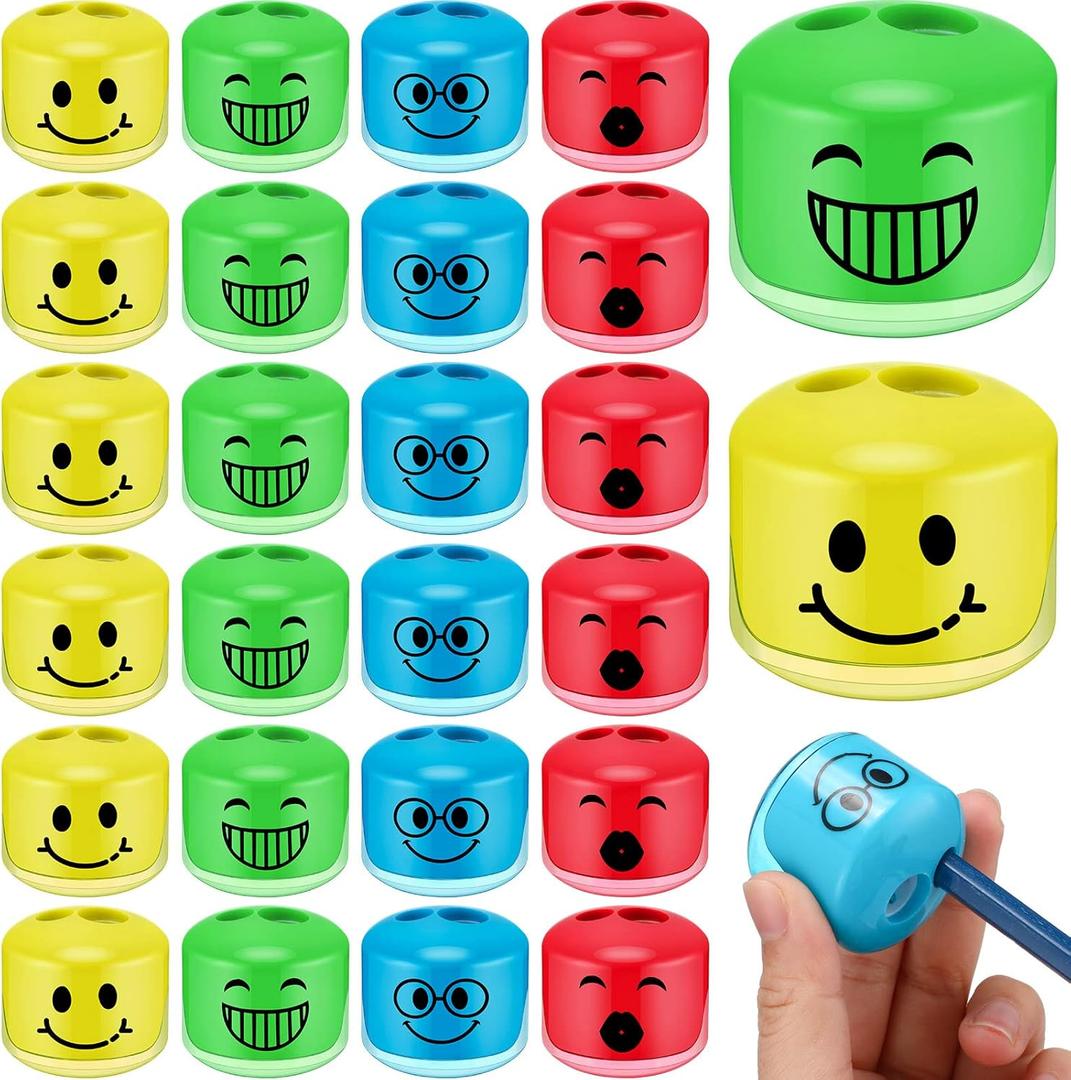 Crtiin 24 Pcs Pencil Sharpeners for Kids Cartoon Smile Small Pencil Sharpener Handheld Manual Dual Holes for School Office Art Room