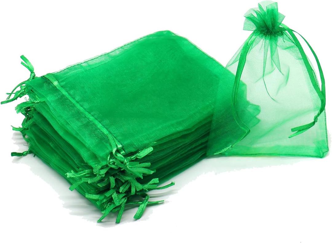 100Pcs Green Organza Bags for St. Patricks Day, 6x8 inch Sheer Jewelry Gift Pouches with Drawstring Wedding Favor Gift Bags for Christmas, Baby Shower, Birthday, Party