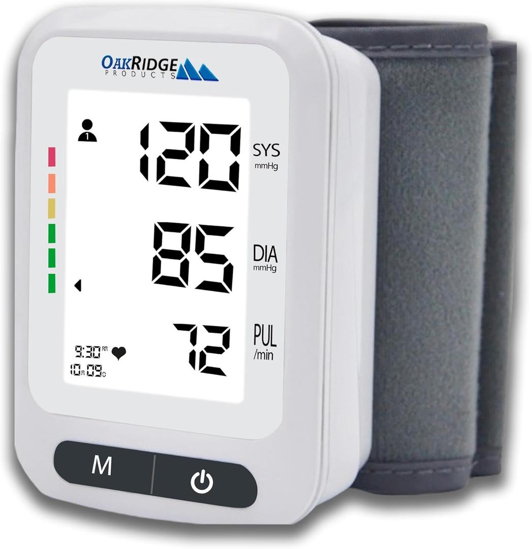 Oakridge Products Wrist Blood Pressure Monitor, Large LCD Backlit Display, Adjustable Cuff, Voice Broadcast, 240 Readings for 2 Users, Automatic BP Machine with Carrying Case, Batteries Included