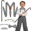 Old Lady Costume for Women, 100 Days of School Old Lady Costume for Girls Granny Costume Accessories with Gray Wig Wig Cap Glasses with Chains Necklace Handbag and Grandma Dress for Cosplay Outfits