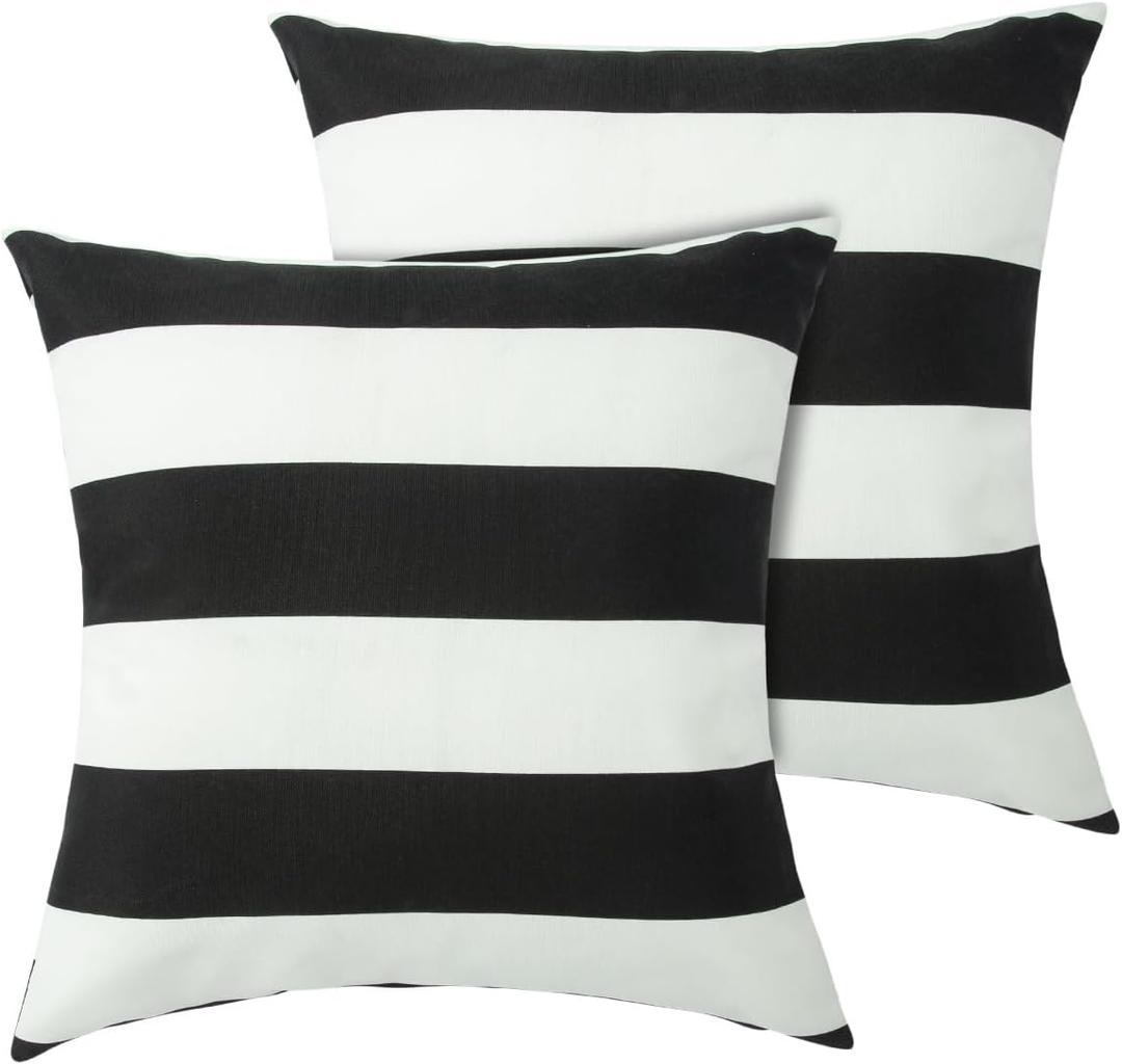 FUNHOME Outdoor Pillow Covers ONLY, No Insert! Pack of 2 Square Throw Pillow Covers, Decorative Water-Repellent Modern Cushion Cases for Sofa Patio Couch Decoration 18 x 18 Inch, Black White Stripe