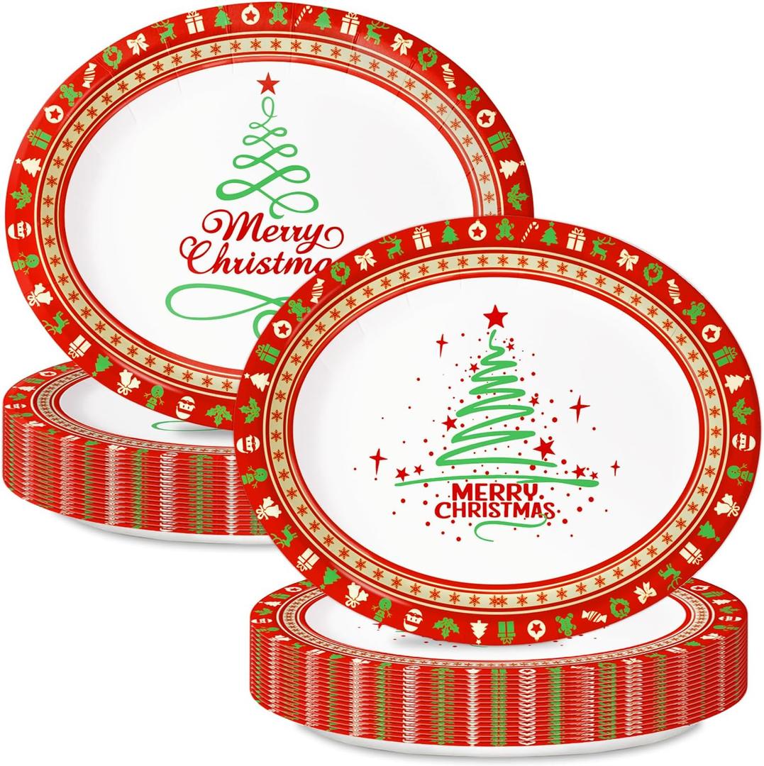 Oigco 30 Count Christmas Paper Plates, Large 9" X 11" Xmas Disposable Dinnerware for Holiday Parties, Christmas Party Supplies Decoration