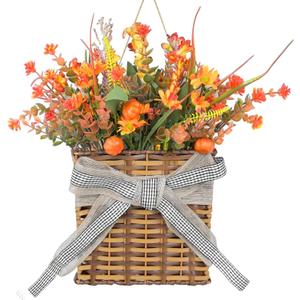 Thanksgiving Fall Door Hanger Basket Wreath Orange Pumpkin Wreath, Artificial Autumn Pumpkin Wreaths with Mixed Leaves Sunflower for Front Door Indoor Outdoor Decor Farmhouse Harvest Orange Wreaths