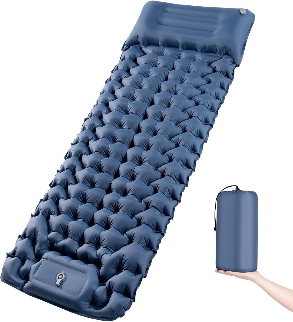 Camping Sleeping Pad | Ultra Lightweight & Compact | Ergonomic Camping Mattress for Indoor & Outdoor Use | Portable Sleeping Mat 4inch with Built-in Foot Pump & Pillow for Camping, Hiking, Travel