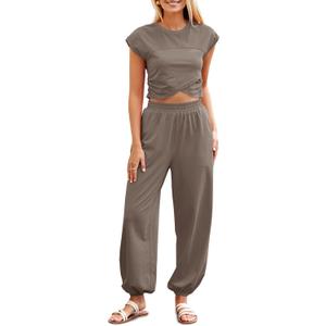 Fisoew Women's Two Piece Outfits Casual Lounge Sets Crop Tops and Joggers Tracksuit with Pockets (Large, Khaki)