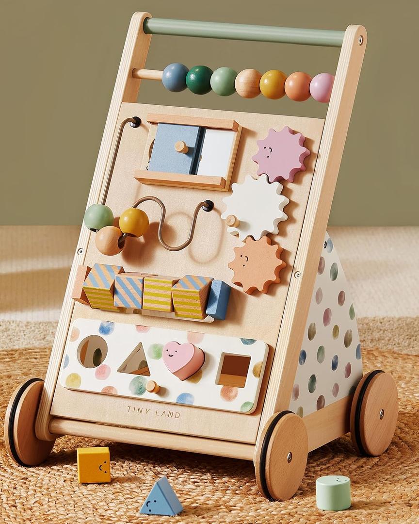 Tiny Land Wooden Baby Walker with Adjustable Speed, Montessori Activity Push Walker Toy for Toddlers, Baby Gift Parents Love for Boys & Girls(Morandi)