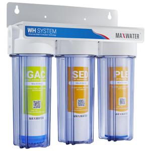 Max Water 3 Stage (Good for City & Cottage Water) 10 inch Standard Water Filtration System for Whole House - Pleated Sediment + Sediment + GAC -  Inlet/Outlet - Model : WH-SC7