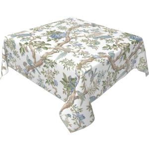 Chinoiserie Square Tablecloths 60x60 Inches Blue Green Floral Birds Decorative Square Tablecloths Modern Washable Reusable Vintage Flower Table Covers for Home Kitchen Dining Room,Party Decor