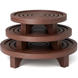 3-Pack Plant Stand Indoor, Wood Round Pedestal Riser 6.69/8.66/10.23" Solid Wooden Plant Stool & Pot Holder, Decorative Display for Living Room, Bathroom, Kitchen & Home Decor (Dark Brown)