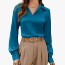 GRACE KARIN Women's Satin Silk Blouse Lapel V Neck Long Sleeve Casual Work Blouse Shirts Pullover Tops Size S