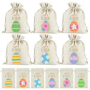 Golibra 24 Pcs Easter Bags, 3.9'' x 5.9'' Easter Burlap Gift Bags with Drawstring, Reusable Easter Treat Bags Goodie Bags for Easter Baskets, Egg Hunt Game Party Supplies