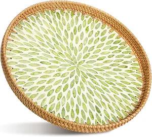 Tiangrid 16 inch Round Rattan Tray with Mother of Pearl Inlay Wicker Serving Tray with Wooden Base Boho Decorative Wicker Basket for Table Decor Bathroom Candle Perfume (Green Leaf)