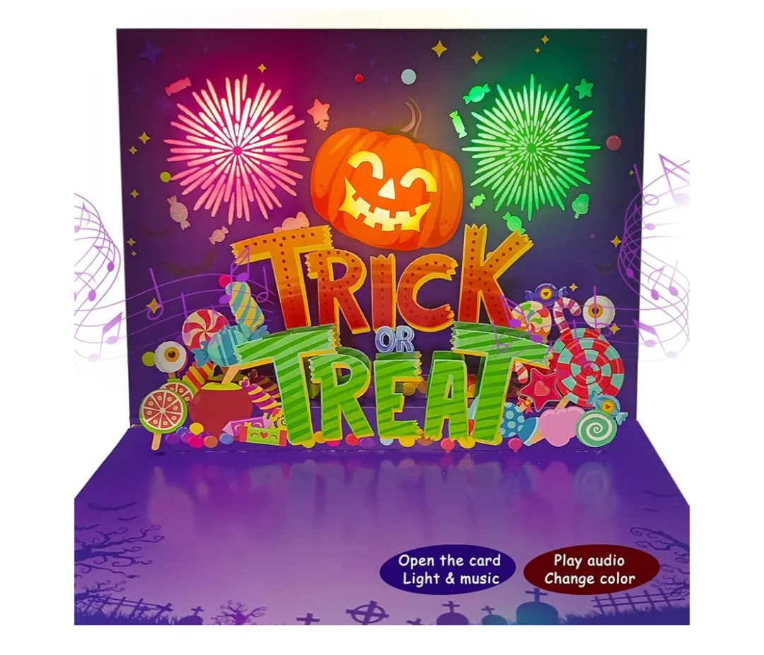 DTESL 3D Pop Up Trick Or Treat Pumpkin Halloween Card, with light and music, For Kids, Friend, Boyfriend, Girlfriend, Husband, Him, Women  Skull, Ghost, Envelope