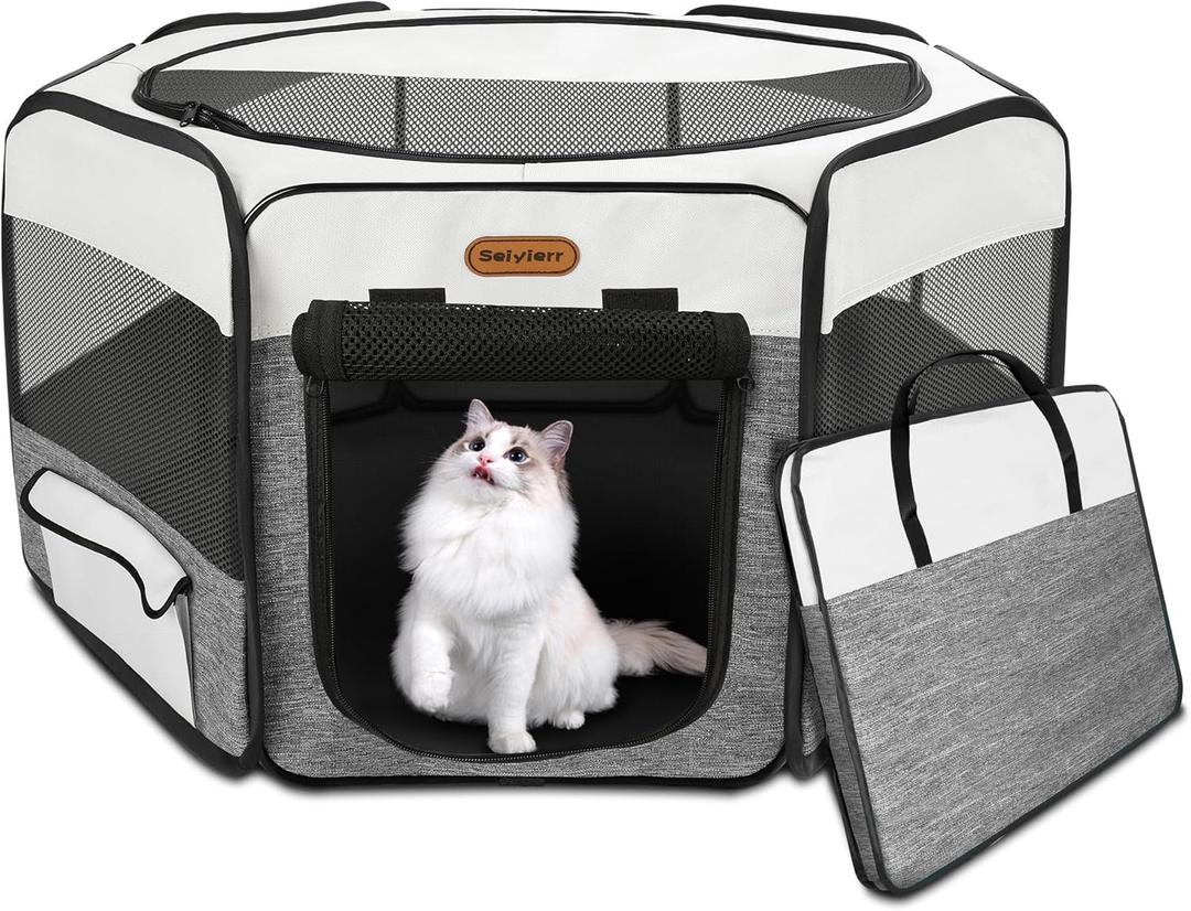 Dog Playpen, Portable Pet Play Pen Foldable Carrying Case, Puppy Pens Outsid for Small Cat Indoor/Outdoor, Removable Mesh Shade Cover (Grey)