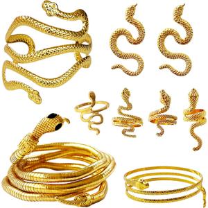 Qiuttnqn 9 Pcs Snake Jewelry for Women,Gold Snake Necklace Earrings Armband Bracelet Rings Set,Egypt Style Adjustable Halloween Jewelry Accessory for Party Cosplay Costume