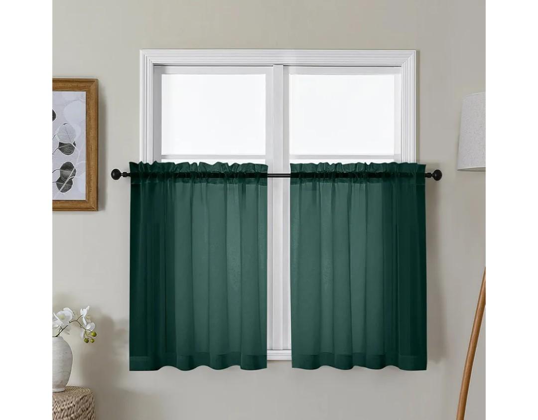 Gwine Hunter Green Sheer Curtains 30 Inch Length, Short Light Filtering Voile Small Cafe Kitchen Curtains with Rod Pocket, Short Curtain for Bathroom Window, 42x30 Inch, 2PCS