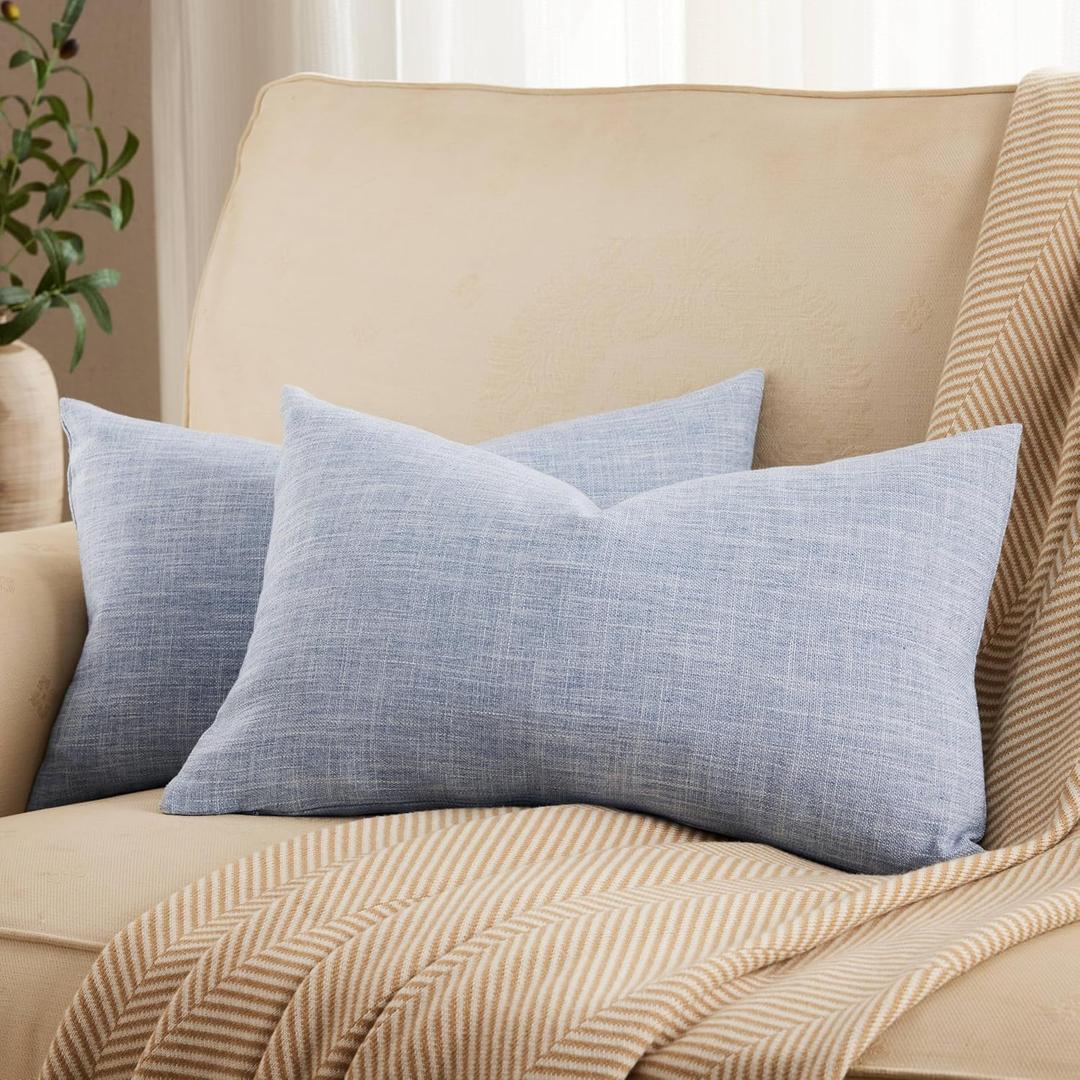 ZeeMart Rustic Cotton Linen Lumbar Throw Pillow Covers Set of 2, 12x20 Inch Blue, Farmhouse Style Decorative Couch Pillow Cases Dusty Blue Cushion Covers for Sofa Bed Living Room Home Decor