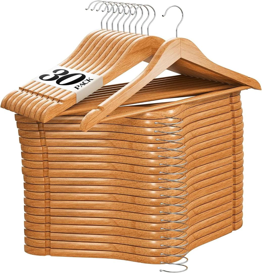 Home It Wooden Hangers 30 Pack - Natural Wood Durable Heavy Duty Coat Hangers Non Slip for Jacket, Shirt, Pants and Suit - Premium Solid Clothes Hangers for Closet with Chrome Swivel Hook