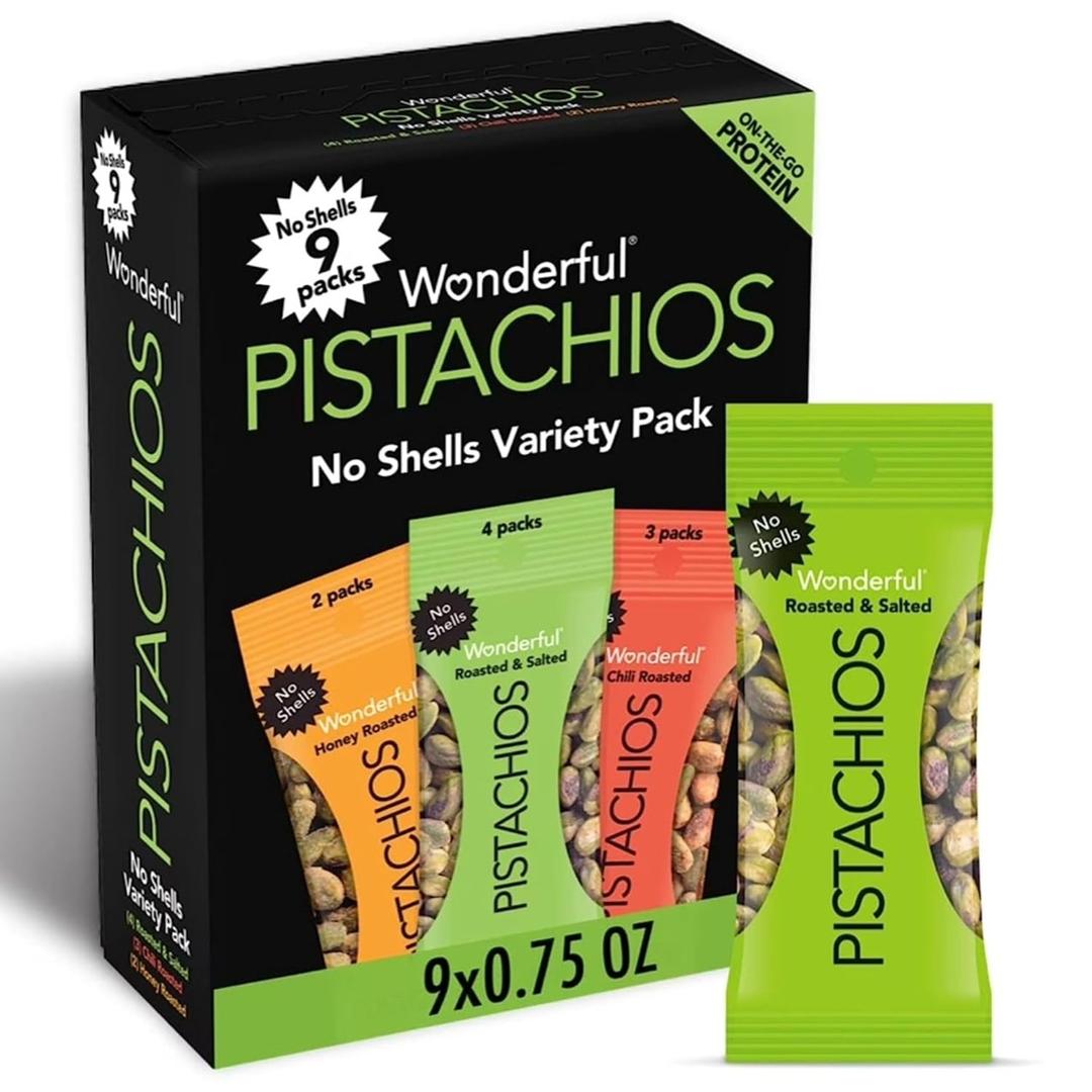 Wonderful Pistachios No Shells, 3 Flavors Mixed Variety Pack of 9 (0.75 Ounce), Roasted & Salted Nuts (4), Chili (3), Honey (2), Protein Snacks, Gluten Free, Healthy Snacks Variety Pack for Adults (EXP 06/29/27)