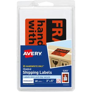 Avery Preprinted Shipping Labels, "Fragile Handle with Care" Label Stickers, 3" x 5", Non-Printable, 40 Rectangle Labels Total (5283)