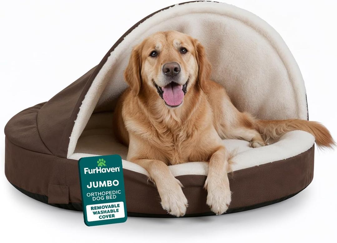 Furhaven 44" Round Orthopedic Dog Bed for Large Dogs w/ Removable Washable Cover, For Dogs Up to 80 lbs - Sherpa & Suede Snuggery - Espresso, 44-inch (Jumbo)