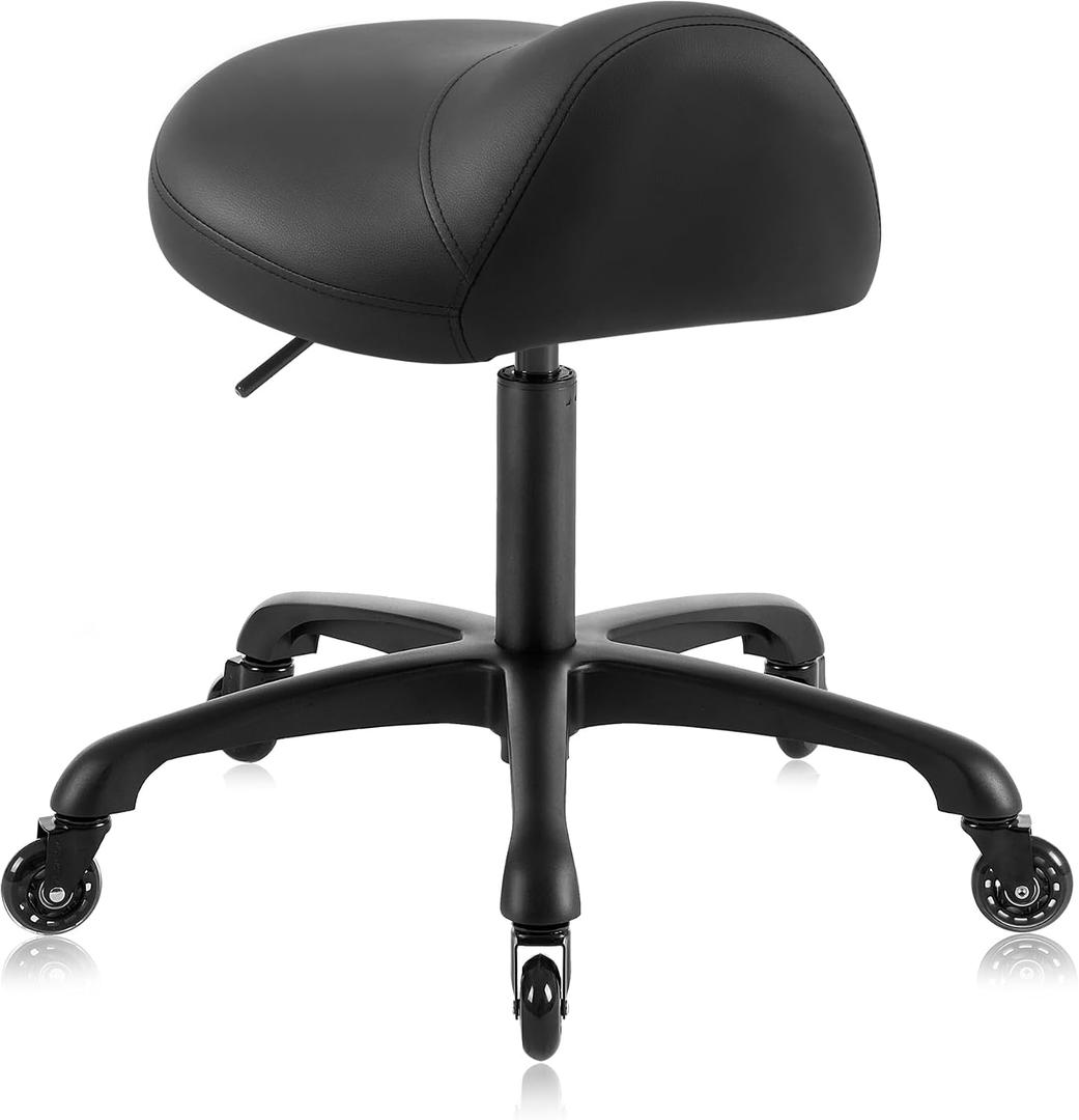 Heavy-Duty Ergonomic Pneumatic Swivel Rolling Saddle Stool with Extra Wide Seat for Hygienic Clinic Spa Massage Home and Office - 505 KIMO (Black), Standard