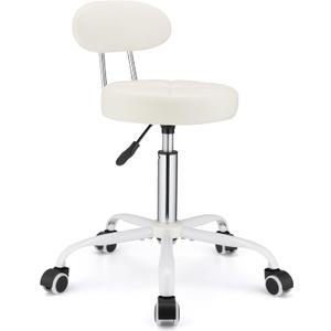 PU Leather Rolling Stool with Back Support Height Adjustable Swivel Stool Chair with Wheels Drafting Chair for Spa Slaon Massage Stable Base Foot White