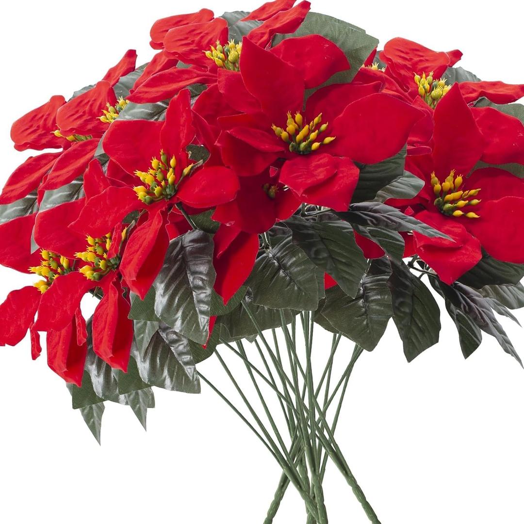 6 Pack Poinsettias Artificial Christmas Flowers Red 5 Heads Velvet Poinsettia Floral Bouquet Winter Holiday Indoor Outdoor Xmas Tree Ornament Porch Home Garden Decoration