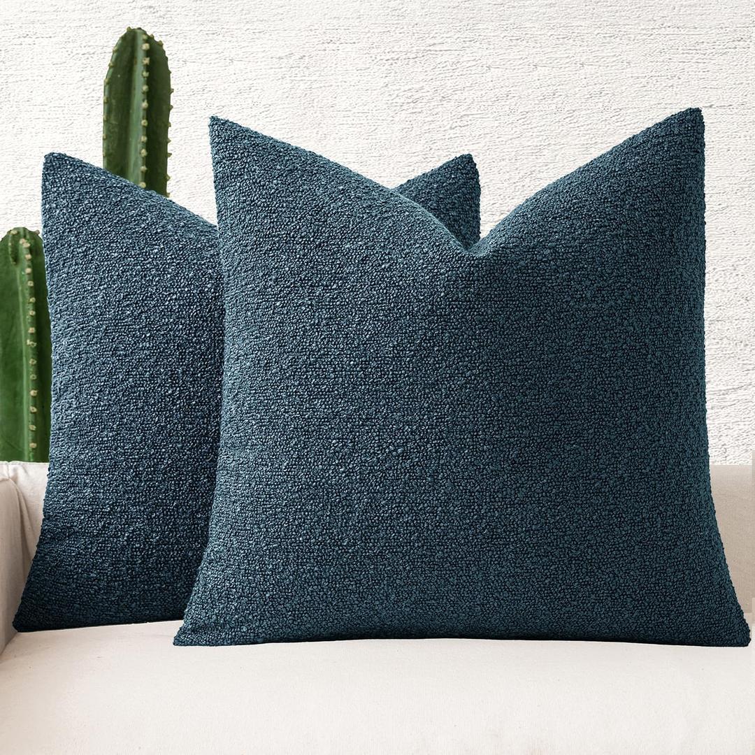 MIULEE 20x20 Inch Decorative Pillow Covers for Couch Bed Set of 2 Textured Boucle Neutral Throw Pillows Dark Blue Accent Solid Cushion Pillowcase Cozy Soft Sofa Livingroom Home Decor
