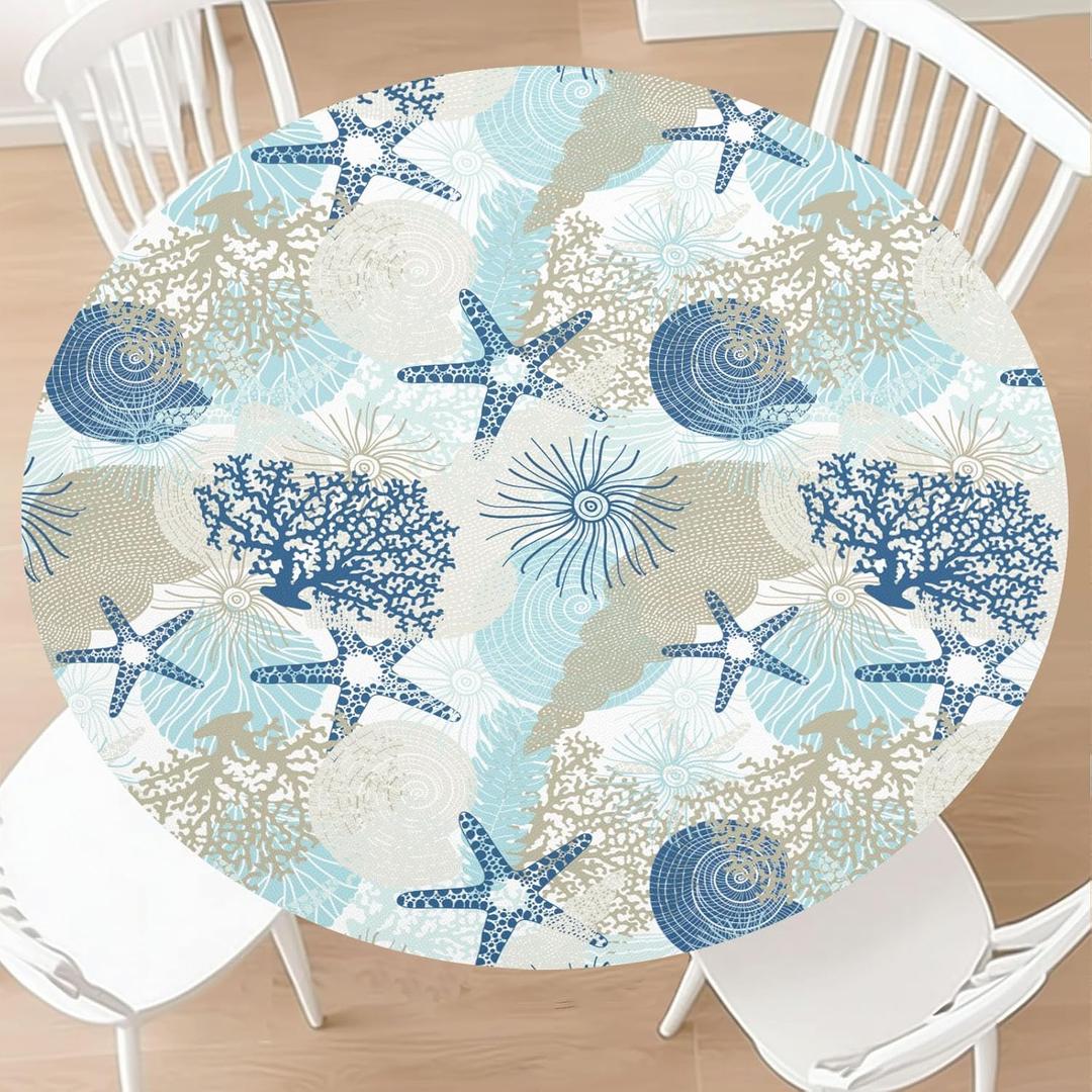 KSLIDS Round Fitted Tablecloth with Elastic Edge Nautical Coastal Picnic Table Cover Summer Starfish Seashell Beach Ocean Themed Waterproof Table Cloth Fit 36"-40" Tables for Outdoor,Patio,Dinner