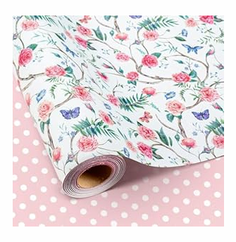 Retrify Pink Flowers Wrapping Paper Roll - 17 Inches x 32.8 Feet Mini Roll Cute Butterfly and Polka Dots Gift Wrap Paper for Mother's Day, Wedding, Birthday, Baby Shower, Holiday