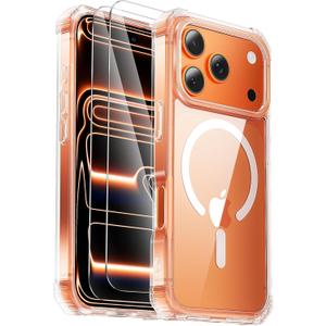for iPhone 17 Pro Case,Screen Protector*2,Anti-Yellowing,Compatible with MagSafe,[Military Grade Drop Tested] Heavy Duty Magnetic Phone Case for iPhone 17 Pro 6.3",Clear