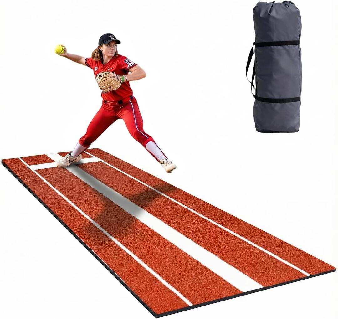 2026 New Softball Pitching Mat - Pro Anti-Slip TPR-Rubber Bottom, Inlaid 24x6 inch Pitching Rubber, Anti-Fading Eco-Friendly Turf, Included Portable Storage Bag, Indoor and Outdoor Training, 10' x 3'
