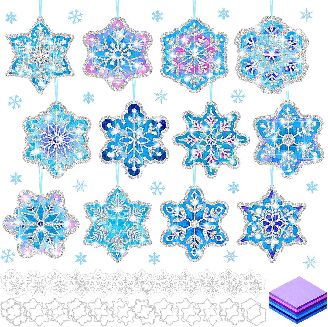 DoubleFill 60 Sets Snowflakes Suncatchers Kit Bulk Winter Snowflakes Tissue Paper Make Your Own Snowflake Stained Glass Ornament for Window Xmas Decoration