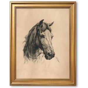 Gold Frame Vintage Horse Head Wall Art Rustic Framed Equestrian Poster Western Farmhouse Animal Sketch Drawing Canvas Painting Print for Ranch Cabin Country Cottage Decor Horse Lover Gift 12x16inch