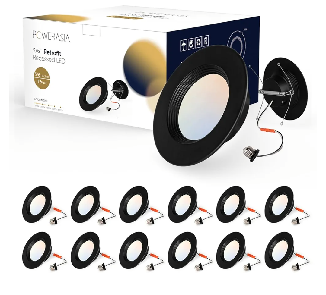12 Pack 5/6 Inch Black LED Can Lights Retrofit Recessed Lighting, 5CCT 6 Inch Recessed Lights Selectable 2700K-6000K Dimmable, 12W=75W, 1200LM Downlight with Metal Smooth Trim-ETL and Energy Star