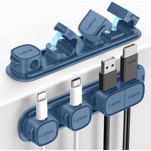 6 Pack Magnetic Cable Clips [1s Open/Lock], Laitver Cord Organizer Holder Strong Adhesive Desk Cable Management- Organize Charging Cords Neatly for Home, Office, Car,Desk, Nightstand-Porcelain Blue