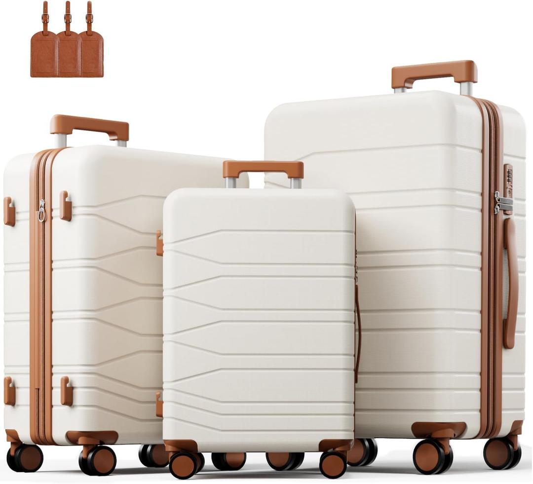 3 Piece Luggage Set, 20/24/28 Inch Expandable Luggage Sets with Spinner Wheels, ABS+PC Hardshell Suitcases, Suitcase Set with Double-Layer Explosion Zipper, TSA Lock & 3 Tags (White)