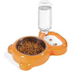 Dog Bowls, Cat Food and Water Bowl Set with Water Dispenser and Stainless Steel Bowl for Cats and Small Dogs - Orange