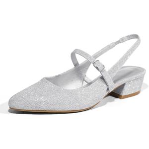 mysoft Women's Slingback Mary Jane Pumps Block Low Heel Adjustable Buckle Dress Shoes Silver Glitter 11