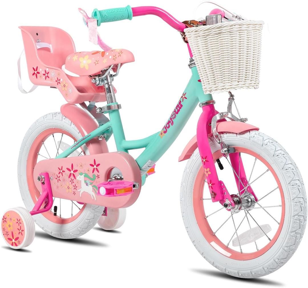JOYSTAR Unicorn Kids Bike for Girls Ages 2-9 Years Old, 12 14 16 18 Inch Kids Bike with Training Wheels, Doll Seat, Streamers and Basket, Toddler Girls Bike, Multiple Colors (Green)