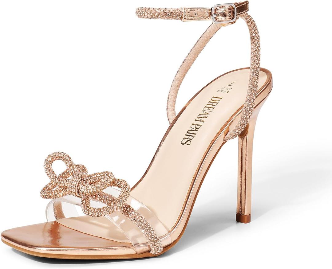 DREAM PAIRS Women's Double Bowknots Crystal Sandals Clear Slingback Heels Square Toe Shoes for Party Wedding (6, Champagne)