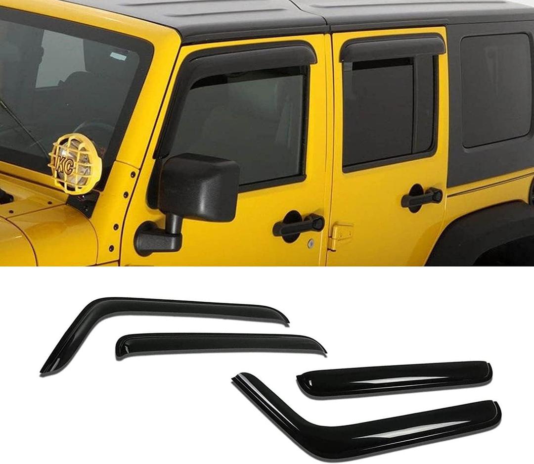 Tape-On Window Visors 4-Piece for 2007-2018 Jeep Wrangler 4-Door (JK) Sun Rain Guard Shield Shade Smoke 94249 (black)