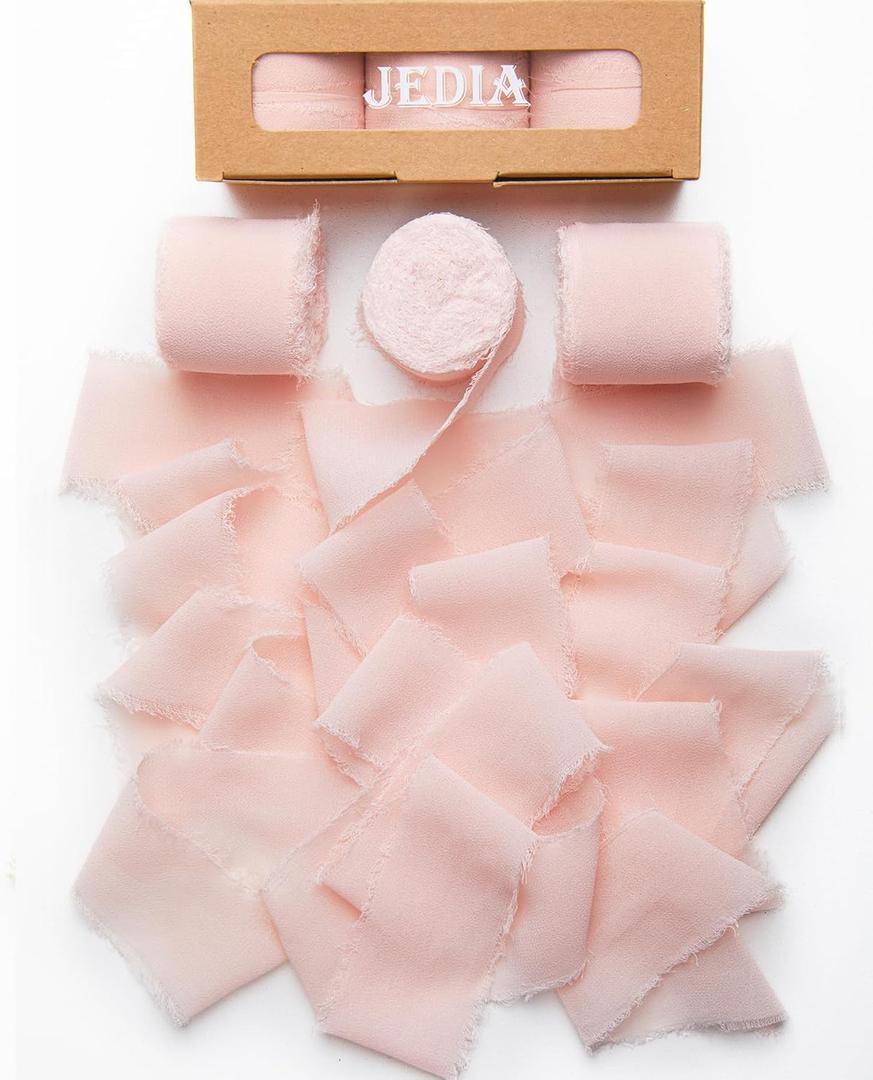 3 x Blush Pink Ribbon, 6 Rolls Pink Ribbon for Flower Bouquet/Gift Wrapping, 1 1/2 inch x 7Yd Handmade Fringe Chiffon Silk Ribbons for Crafts, Wedding, DIY Crafts for Mothers Day