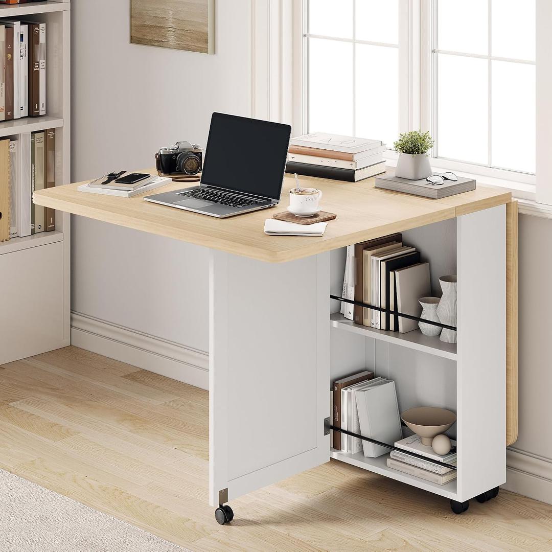 GarveeHome Space Saving Folding Dining Table with Storage - Kitchen Table with 6 Wheels, Drawer & Shelves, Compact Dining Table for Small Spaces, White, 31.5 x 51.18 x 28.74 inches