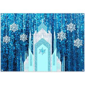 2D Digital Printing Photo 7x4.9ft Polyester Fabric Ice Snow Castle Backdrop Girl Birthday Indoor Party Decoration Princess Banner Snowflake Curtain (No Glitter No Sequin) Winter Booth Props (84x60inch)